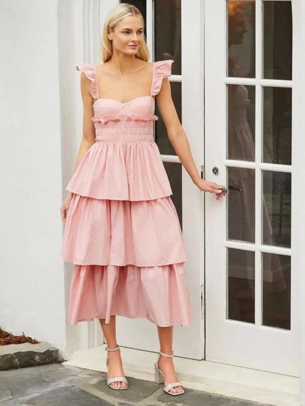 Antonio Melani Size 8 Leila Dress Taffeta Layered Pink Sweetheart Smocked Flaw